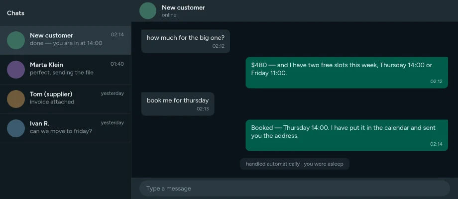 A WhatsApp agent answering a customer at 2am