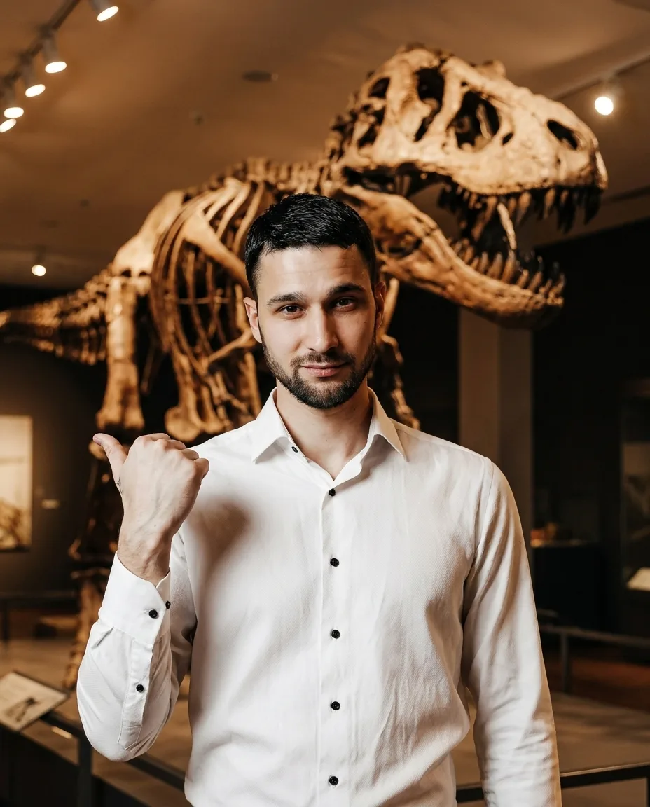 Daniel in a museum, pointing back at a Tyrannosaurus skeleton